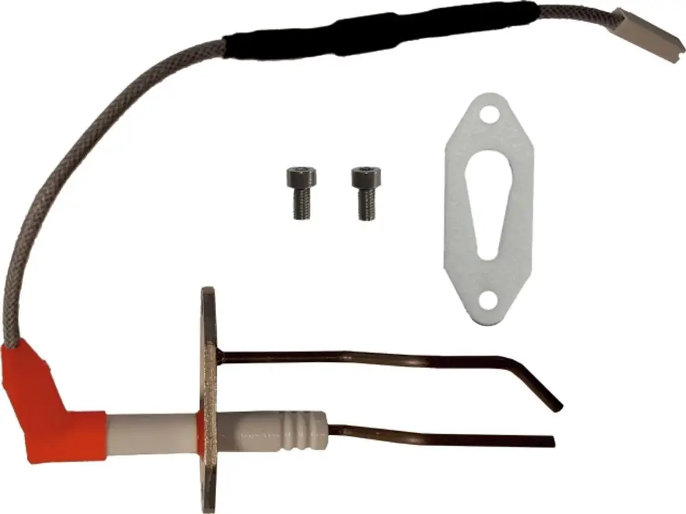 Zündelektrode von Wolf mit zwei Anschlussdrähten, einem Stecker und Befestigungselementen. Geeignet für spezifische Heizsysteme.